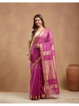 Fabindia - Pink Cotton Silk Blend Maheshwari Saree Without Blouse