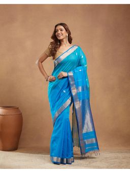 Fabindia - Blue Cotton Silk Blend Maheshwari Saree Without Blouse