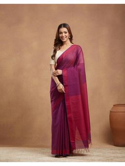 Fabindia - Purple Cotton Silk Maheshwari Saree Without Blouse