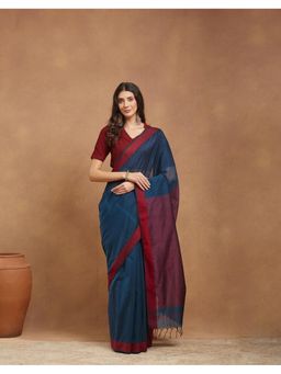 Fabindia - Blue Cotton Silk Maheshwari Saree Without Blouse