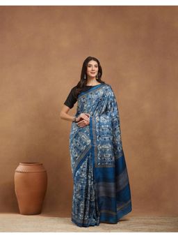 Fabindia - Blue Silk Hand Block Printed Saree Without Blouse