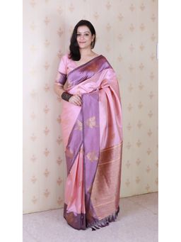 ELITE WEAVES - Baby Pink Soft Silk Floral Zari Woven Saree with Unstitched Blouse