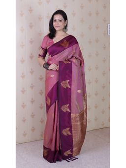 ELITE WEAVES - Coral Pink Soft Silk Floral Zari Woven Saree with Unstitched Blouse
