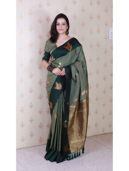 ELITE WEAVES - Olive Soft Silk Floral Zari Woven Saree with Unstitched Blouse