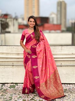 ELITE WEAVES - Rosy Pink Soft Silk Woven Saree with Unstitched Blouse
