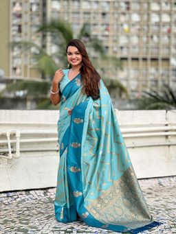 ELITE WEAVES - Sky Blue Soft Silk Woven Saree with Unstitched Blouse