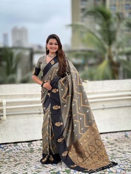 ELITE WEAVES - Grey Soft Silk Woven Saree with Unstitched Blouse