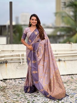 ELITE WEAVES - Soft Silk Dusty Woven Purple Saree with Unstitched Blouse