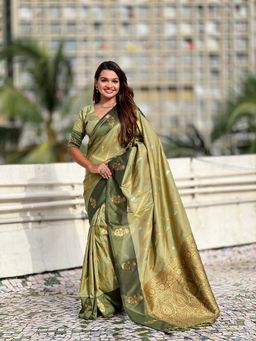 ELITE WEAVES - Pista Green Soft Silk Woven Saree with Unstitched Blouse