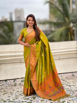 ELITE WEAVES - Woven Yeola Paithani Silk Green Saree with Unstitched Blouse