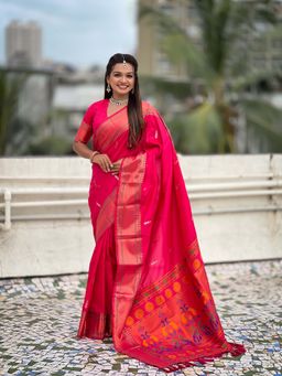 ELITE WEAVES - Woven Yeola Paithani Silk Pink Saree with Unstitched Blouse