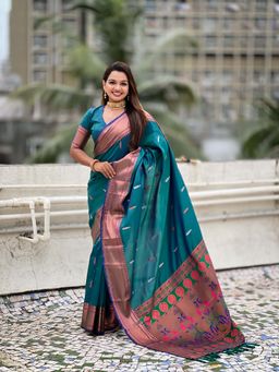 ELITE WEAVES - Woven Yeola Paithani Silk Teal Saree with Unstitched Blouse