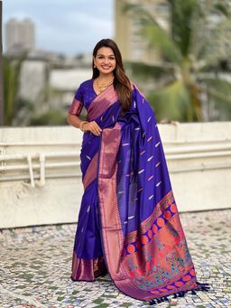 ELITE WEAVES - Woven Yeola Paithani Silk Blue Saree with Unstitched Blouse