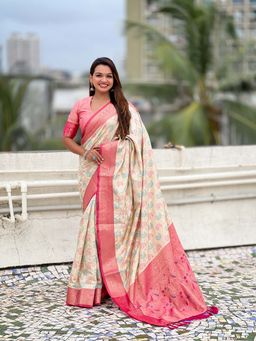 ELITE WEAVES - Woven Bandhani Patola Cream Saree with Unstitched Blouse