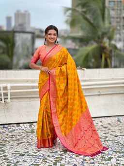 ELITE WEAVES - Woven Bandhani Patola Yellow Saree with Unstitched Blouse
