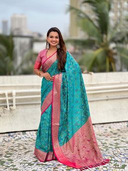 ELITE WEAVES - Woven Bandhani Patola Blue Saree with Unstitched Blouse