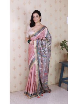 ELITE WEAVES - Floral Madhubani Fusion Printed Orange Saree with Unstitched Blouse