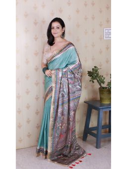 ELITE WEAVES - Floral Madhubani Fusion Printed Green Saree with Unstitched Blouse