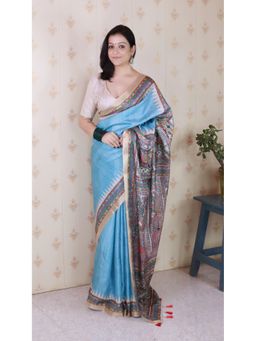 ELITE WEAVES - Floral Madhubani Fusion Printed Blue Saree with Unstitched Blouse