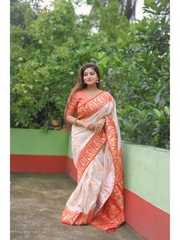 ELITE WEAVES - Durga Pooja Zari Woven Cream Saree with Unstitched Blouse