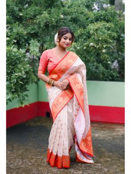 ELITE WEAVES - Durga Pooja Zari Woven Cream Saree with Unstitched Blouse