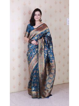 ELITE WEAVES - Zari Meenakari Woven Teal Saree with Unstitched Blouse