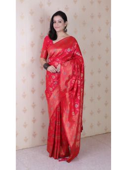 ELITE WEAVES - Zari Meenakari Woven Pink Saree with Unstitched Blouse