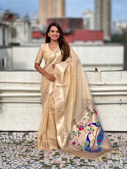 ELITE WEAVES - Organza Paithani Zari Woven Beige Saree with Unstitched Blouse