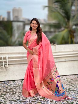 ELITE WEAVES - Organza Paithani Zari Woven Pink Saree with Unstitched Blouse