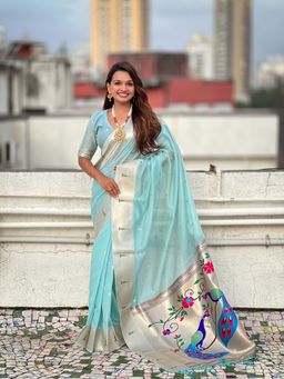 ELITE WEAVES - Organza Paithani Zari Woven Blue Saree with Unstitched Blouse