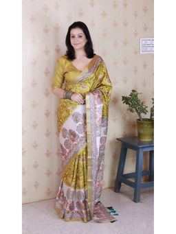 ELITE WEAVES - Floral Madhubani Fusion Printed Yellow Saree with Unstitched Blouse