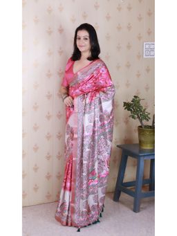 ELITE WEAVES - Floral Madhubani Fusion Printed Pink Saree with Unstitched Blouse