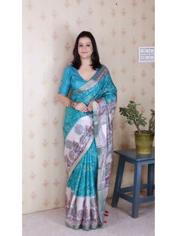ELITE WEAVES - Floral Madhubani Fusion Printed Blue Saree with Unstitched Blouse