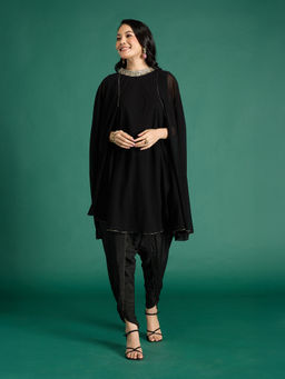 Gajra Gang - Nani's Almari Black Georgette Embellished Cape with Slip & Tulip Pant