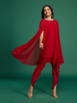 Gajra Gang - Nani's Almari Maroon Georgette Embellished Cape with Slip & Tulip Pant
