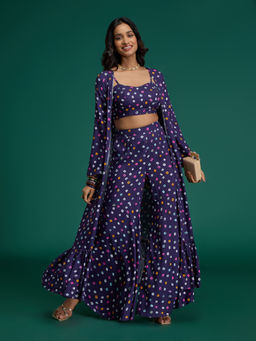 Gajra Gang - Global Gypsy Navy Blue Rayon Bandhani Jacket, Bustier & Sharara