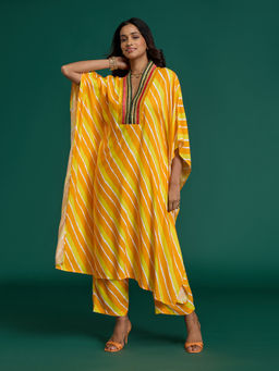 Gajra Gang - Yellow Rayon Bandhani Neck Embellished Kaftan Kurta & Pant Global Gypsy