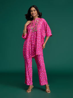Gajra Gang - Global Gypsy Pink Rayon Bandhani Coin Embellished Kaftan Kurta & Pant