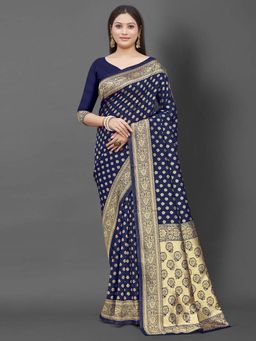 Akhilam - Women Silk Blend Navy Blue Celebrity Saree with Unstitched Blouse