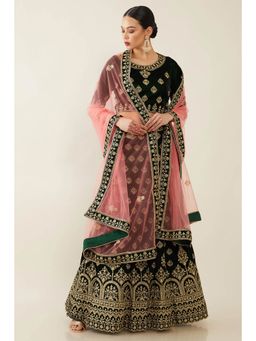 Soch - Women Green Velvet Embroidered Lehenga Choli Dress Material (Set of 3)
