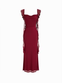 Cider - Maroon Mesh Ruffle Hem Maxi Dress