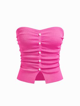 Cider - Pink Faux Pearl Split Ruched Knit Crop Top