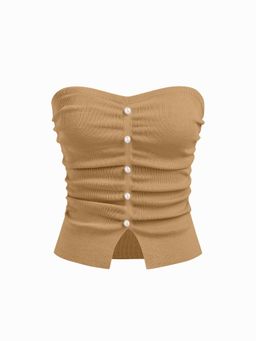 Cider - Khaki Faux Pearl Split Ruched Knit Crop Top