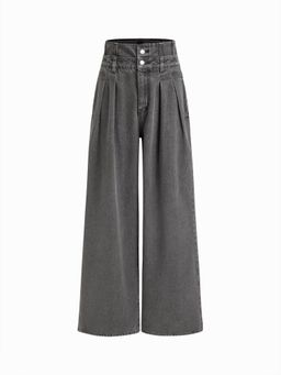 Cider - Double High Rise Solid Button Wide Leg Jeans