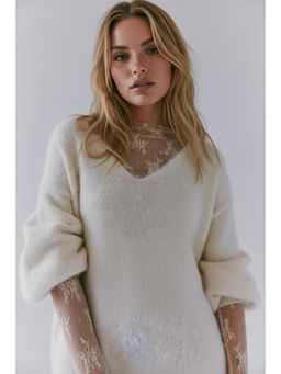 Cider - Lace High Neck Lace Long Sleeve Top