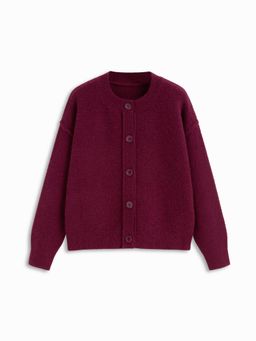 Cider - Wine Knit Round Neckline Button Thick Cardigan