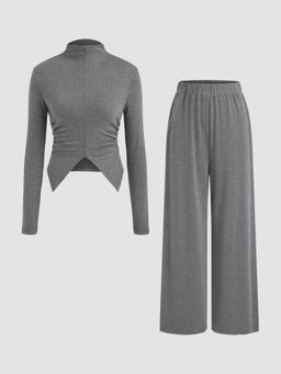 Cider - Stand Collar Long Sleeve Elastic Waist Wide Leg Co-Ord Set
