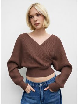 Cider - Knit V Neck Solid Wrap Crop Long Sleeve Top