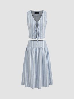 Cider - Cotton V Neck Stripes Tie Front Crop Top with Midi Skirt