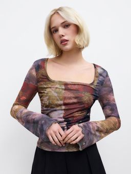 Cider - Mesh Square Neck Floral Patchy Lettuce Trim Ruched Long Sleeve Top